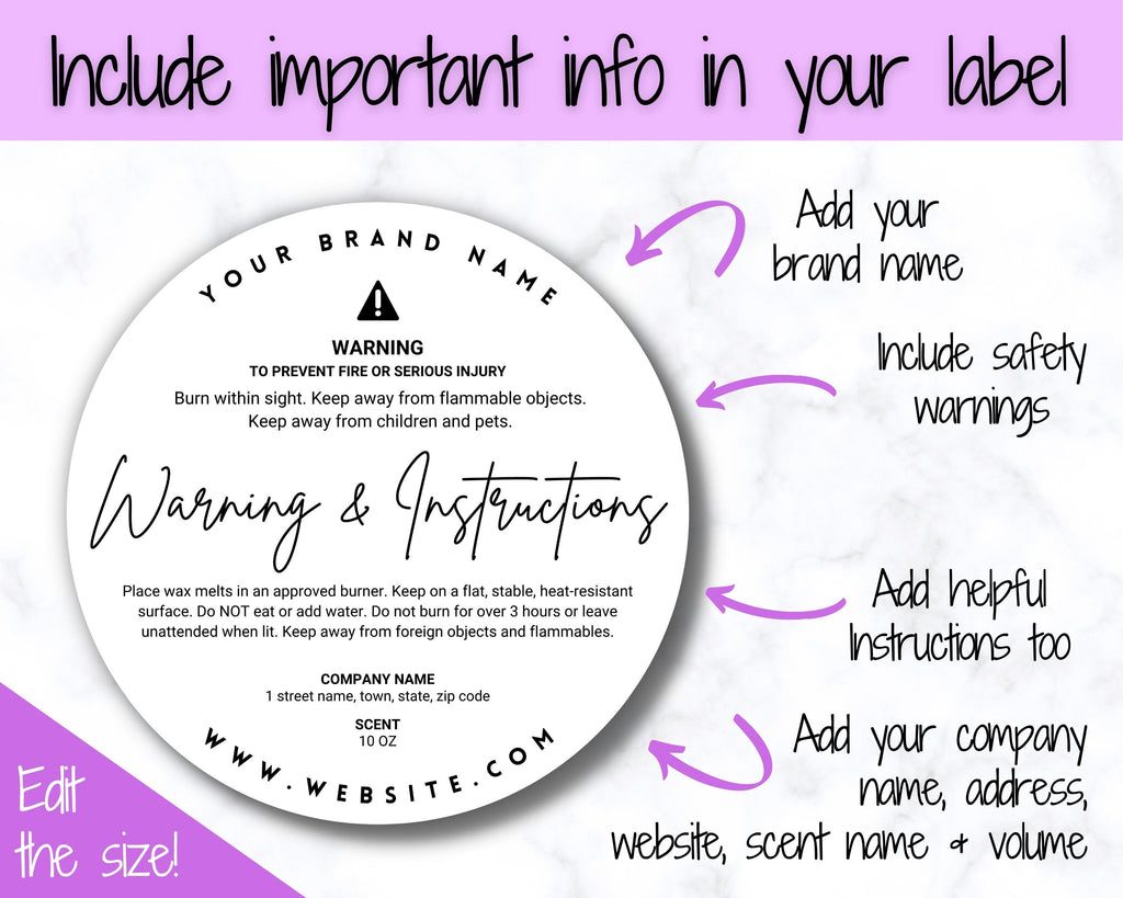 Editable Wax Melt Warning Label Template Care & Fire Safety