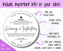 Load image into Gallery viewer, Wax Melt Warning Label Template, EDITABLE Care &amp; Fire Safety Instructions, Packaging Label, Round Circle Care Card, Candle Maker Seller
