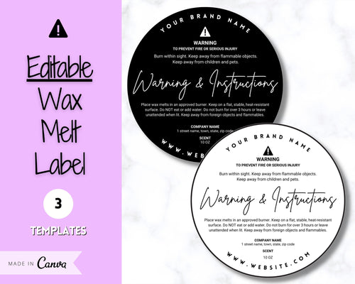 Wax Melt Warning Label Template, EDITABLE Care & Fire Safety Instructions, Packaging Label, Round Circle Care Card, Candle Maker Seller