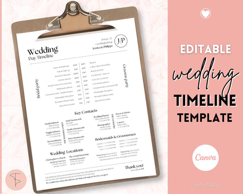 Wedding Day Timeline Template, EDITABLE order of events, Wedding Timeline, Wedding Schedule, Wedding Day Timeline, wedding itinerary program | Mono Lux