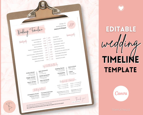 Wedding Day Timeline Template, EDITABLE order of events, Wedding Timeline, Wedding Schedule, Wedding Day Timeline, wedding itinerary program | Pink Handwritten