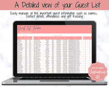 Load image into Gallery viewer, Wedding Guest List Planner Spreadsheet! Guest List Tracker, Google Sheets &amp; Excel, Guest RSVP, Dietary Meal Planner, Table Plan, Gift, Event
