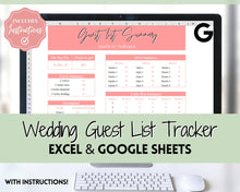 Load image into Gallery viewer, Wedding Guest List Planner Spreadsheet! Guest List Tracker, Google Sheets &amp; Excel, Guest RSVP, Dietary Meal Planner, Table Plan, Gift, Event

