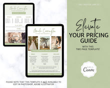 Load image into Gallery viewer, Wedding Photography Pricing Template, Price List, Photo Session Pricing Guide, CANVA, minis, Photographer business marketing, TWO Page Ad | Green
