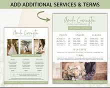 Load image into Gallery viewer, Wedding Photography Pricing Template, Price List, Photo Session Pricing Guide, CANVA, minis, Photographer business marketing, TWO Page Ad | Green

