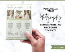 Load image into Gallery viewer, Wedding Photography Pricing Template, Price List, Photo Session Pricing Guide, CANVA, minis, Photographer business marketing, TWO Page Ad | Green
