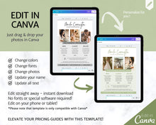 Load image into Gallery viewer, Wedding Photography Pricing Template, Price List, Photo Session Pricing Guide, CANVA, minis, Photographer business marketing, TWO Page Ad | Green
