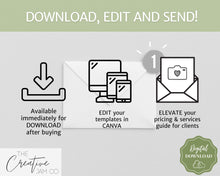 Load image into Gallery viewer, Wedding Photography Pricing Template, Price List, Photo Session Pricing Guide, CANVA, minis, Photographer business marketing, TWO Page Ad | Green

