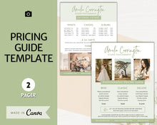 Load image into Gallery viewer, Wedding Photography Pricing Template, Price List, Photo Session Pricing Guide, CANVA, minis, Photographer business marketing, TWO Page Ad | Green
