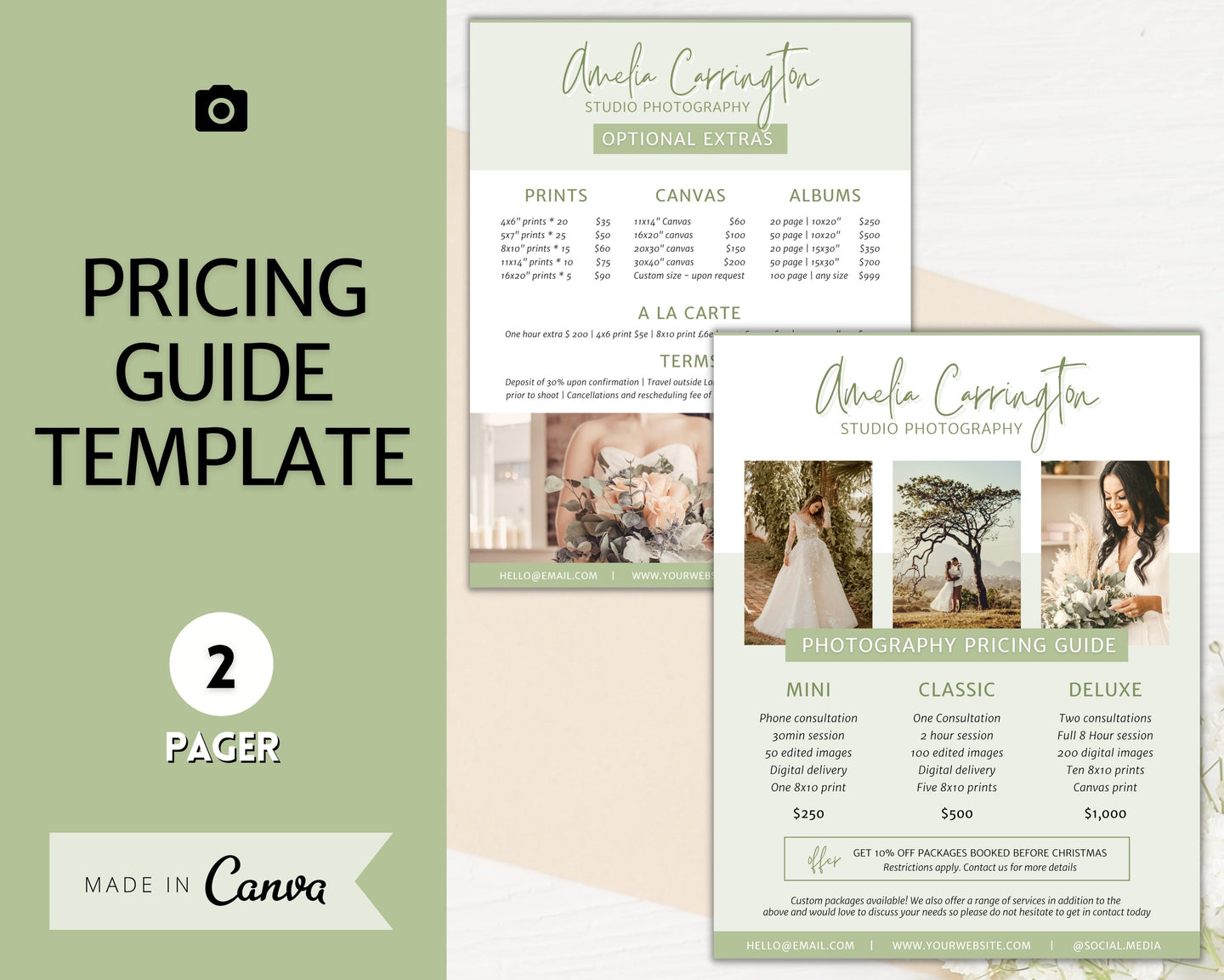 Wedding Photography Pricing Template, Price List, Photo Session Pricing Guide, CANVA, minis, Photographer business marketing, TWO Page Ad | Green