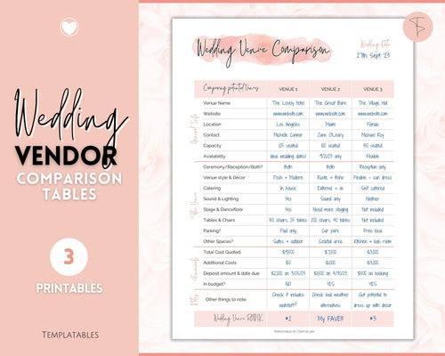 Wedding Vendor Comparison Template, Vendor List, Venue Comparison, Vendor Checklist, Wedding Planner, Printable Supplier Tracker | Pink