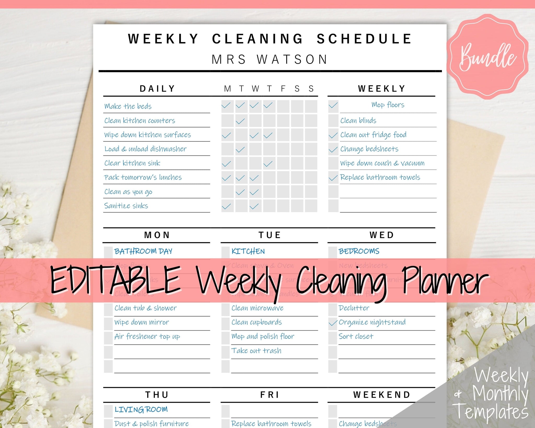 Weekly Cleaning Checklist | EDITABLE Cleaning Schedule Planner