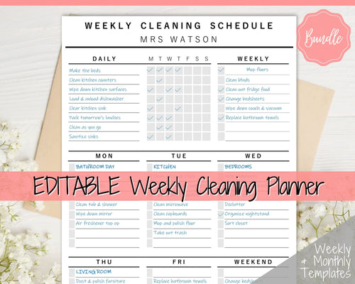 Weekly Cleaning Checklist, EDITABLE Schedule, Cleaning Planner, Weekly House Chores, Clean Home Routine, Monthly Planner Bundle, Challenge | Style 1