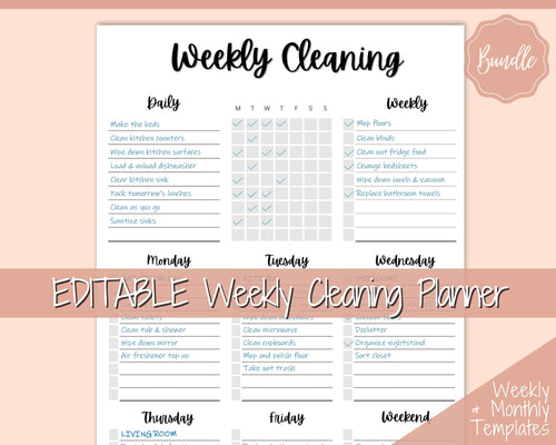 Weekly Cleaning Checklist, EDITABLE Schedule, Cleaning Planner, Weekly House Chores, Clean Home Routine, Monthly Planner Bundle, Challenge | Style 2