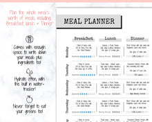 Load image into Gallery viewer, Weekly Meal Planner Printable, Food Diary, Meal Tracker, Food Journal, Menu Plan &amp; Prep, BONUS Grocery List! Diet, Fitness, Health | Mono

