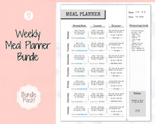 Load image into Gallery viewer, Weekly Meal Planner Printable, Food Diary, Meal Tracker, Food Journal, Menu Plan &amp; Prep, BONUS Grocery List! Diet, Fitness, Health | Mono
