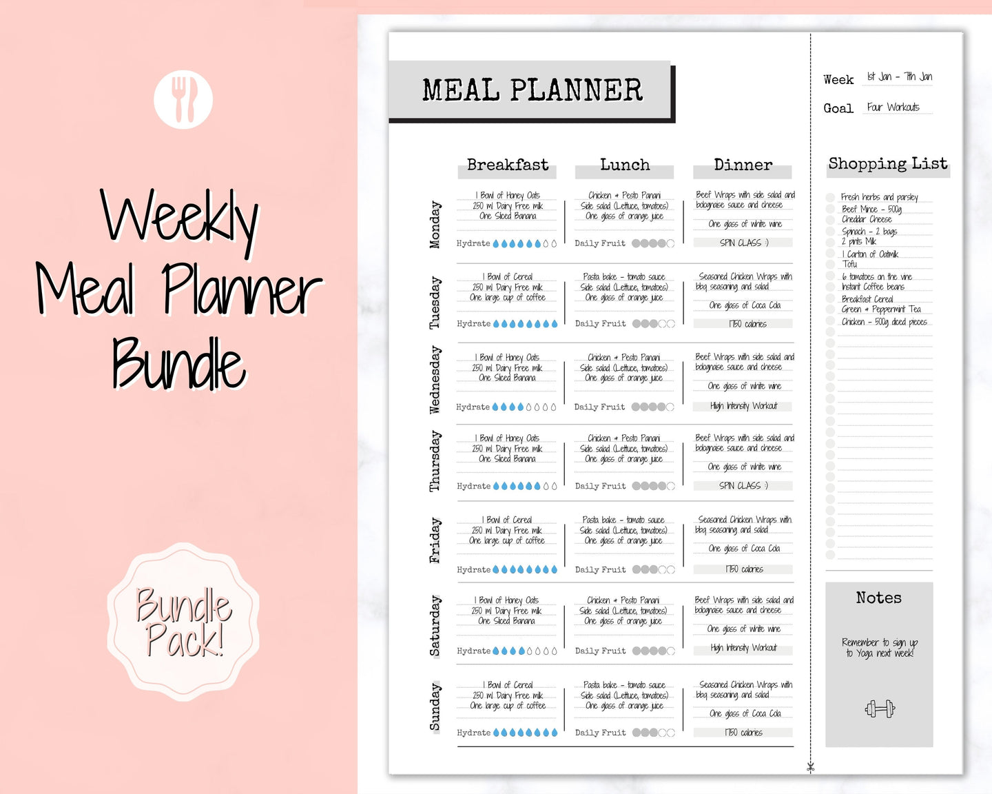 Weekly Meal Planner Printable, Food Diary, Meal Tracker, Food Journal, Menu Plan & Prep, BONUS Grocery List! Diet, Fitness, Health | Mono