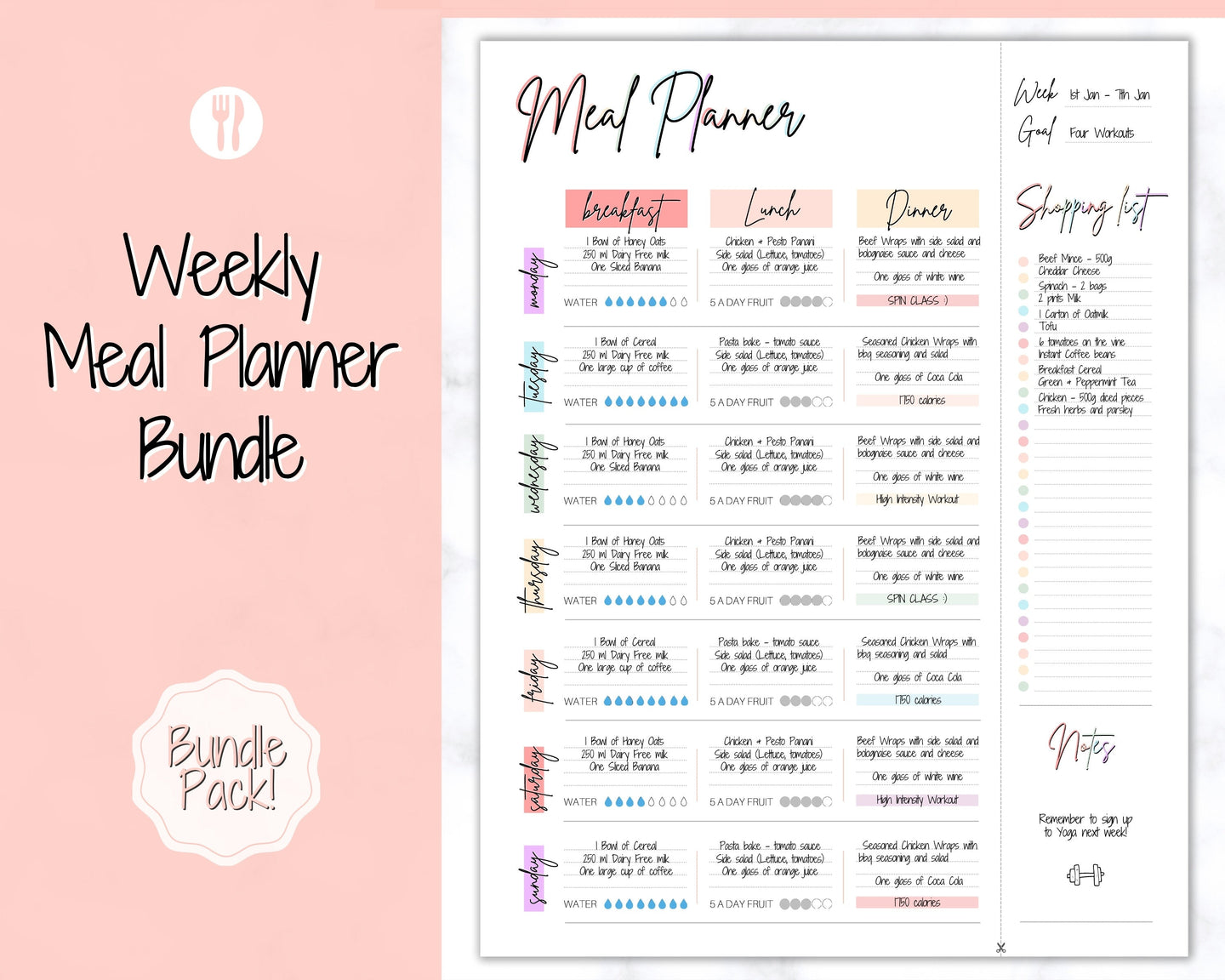 Weekly Meal Planner Printable, Food Diary, Meal Tracker, Food Journal, Menu Plan & Prep, BONUS Grocery List! Diet, Fitness, Health | Pastel Rainbow