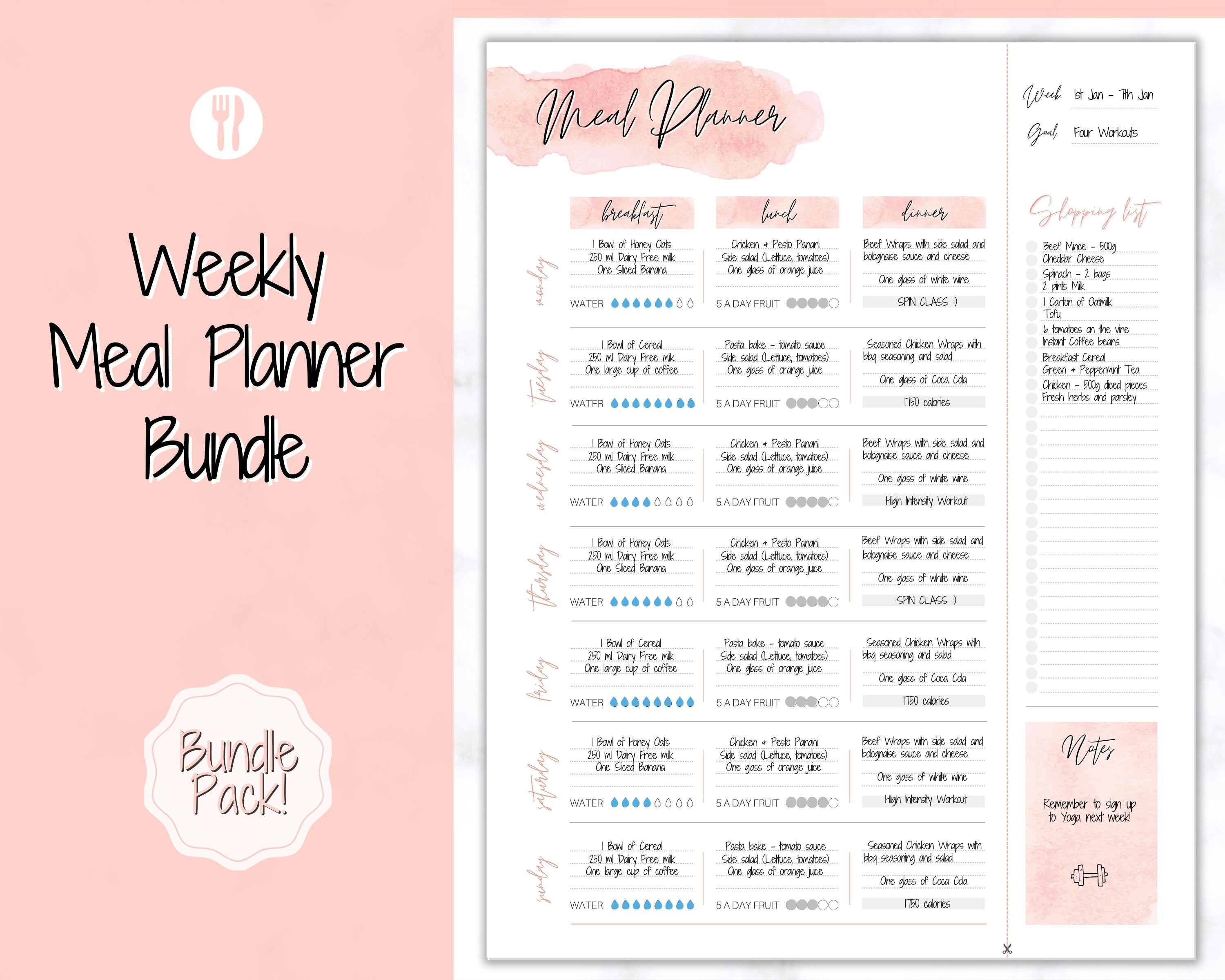 Weekly Meal Planner Printable Bundle | Food Diary - Watercolor