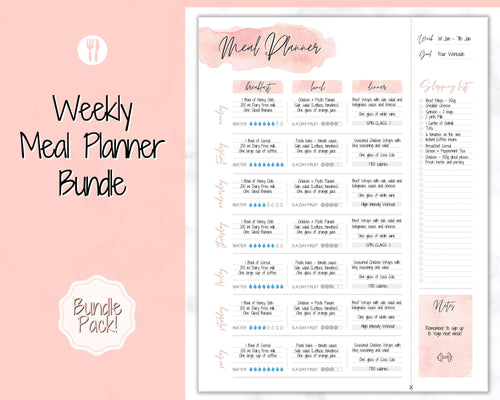 Weekly Meal Planner Printable, Food Diary, Meal Tracker, Food Journal, Menu Plan & Prep, BONUS Grocery List! Diet, Fitness, Health | Pink Watercolor
