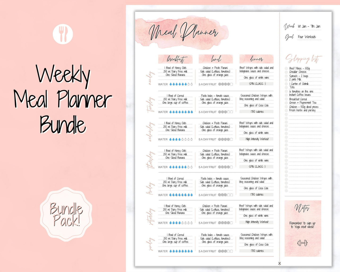 Weekly Meal Planner Printable, Food Diary, Meal Tracker, Food Journal, Menu Plan & Prep, BONUS Grocery List! Diet, Fitness, Health | Pink Watercolor