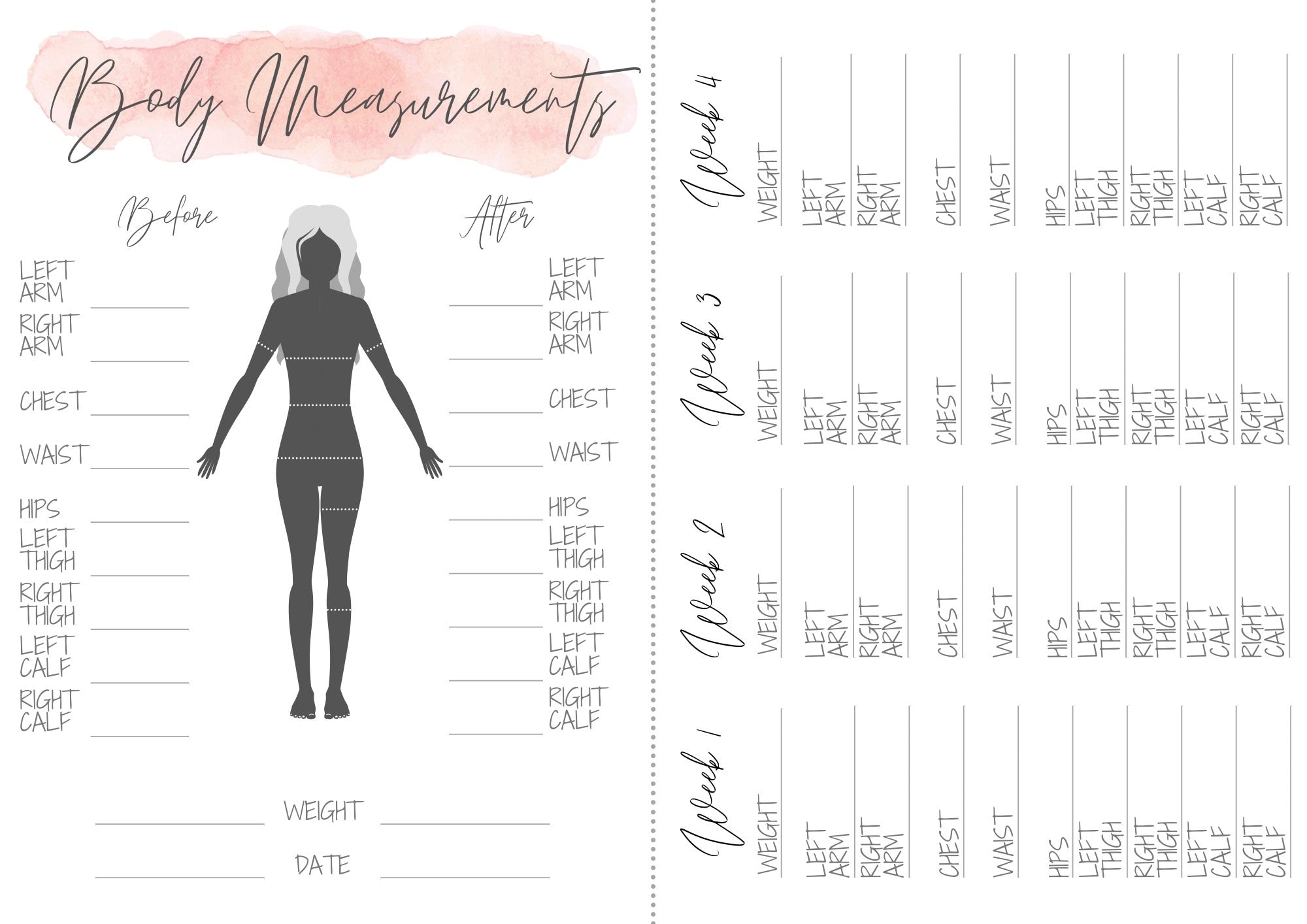 Weight Loss Tracker Printable, Body Measurement Fitness Planner for Free Printable Body Measurements Chart For Weight Loss Pdf