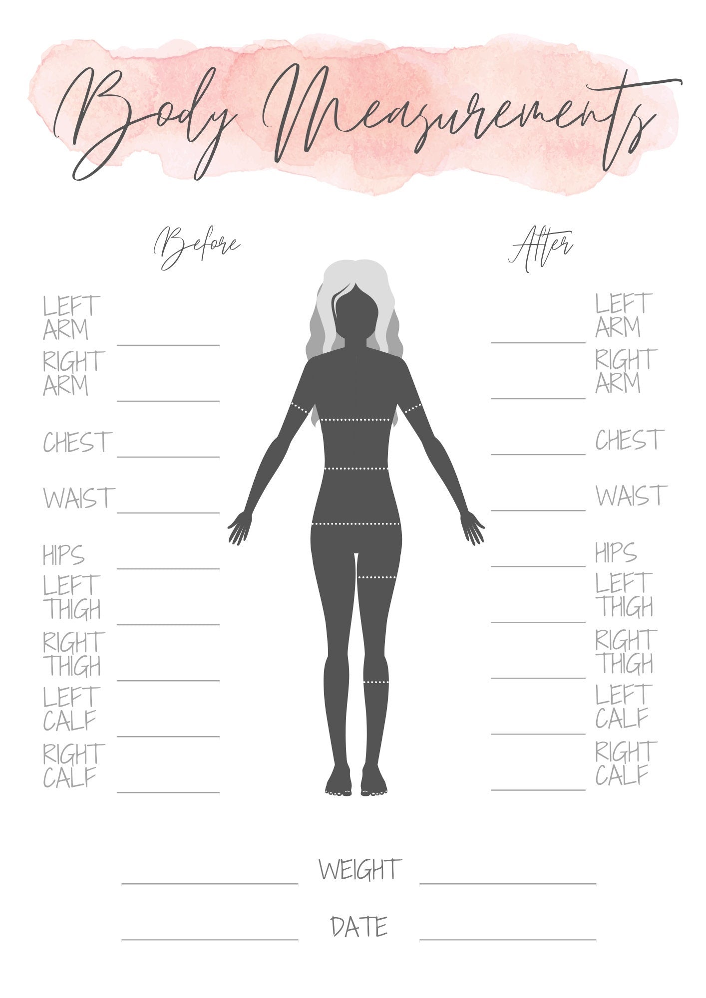 Weight Loss Tracker & Body Measurement Fitness Planner Printable Template |  Watercolor