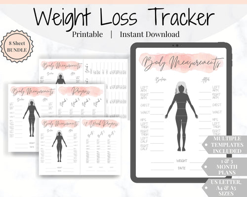 Weight Loss Tracker, Body Measurement Fitness Planner. Template Printable for Wellness Bullet Journal. Slimming World Weight Watchers, Chart | Watercolor