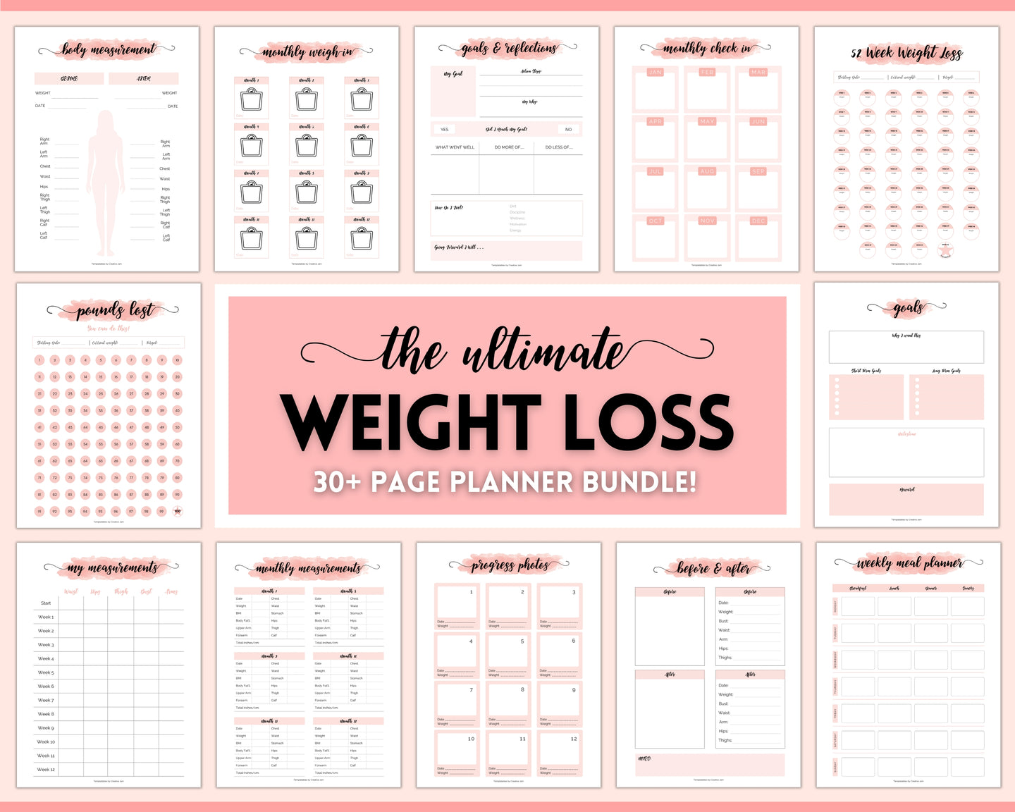 Weight Loss Tracker BUNDLE |  Fitness Planner Printable, Pounds Lost Tracker, Body Measurements & Meal Planner | Pink Swash