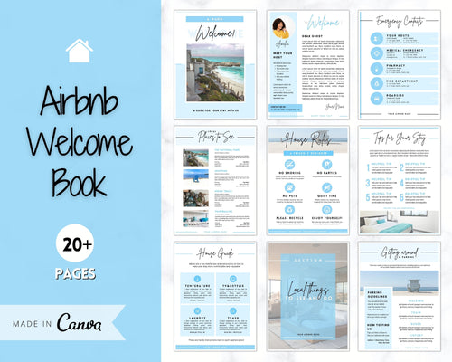 Welcome Book Template, Airbnb Welcome Guide, Editable Canva Air bnb House manual, Superhost eBook, Host signs, Signage, VRBO Vacation Rental | Blue