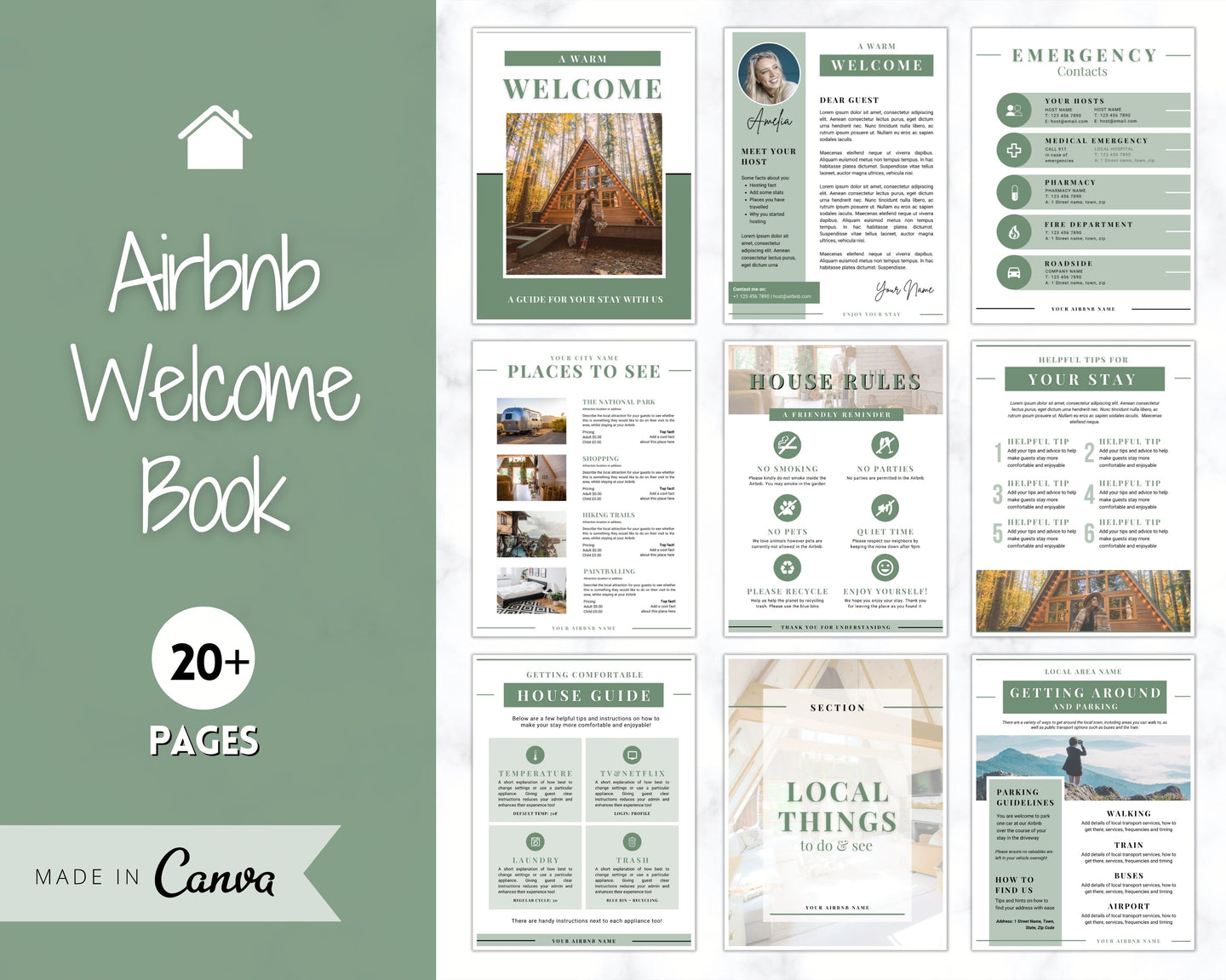 Welcome Book Template, Airbnb Welcome Guide, Editable Canva Air bnb House manual, Superhost eBook, Host signs, Signage, VRBO Vacation Rental | Green Style 2