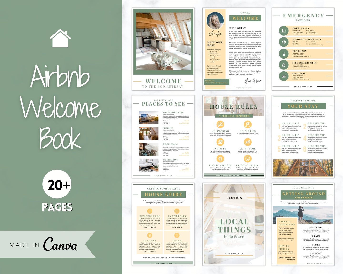 Welcome Book Template, Airbnb Welcome Guide, Editable Canva Air bnb House manual, Superhost eBook, Host signs, Signage, VRBO Vacation Rental | Green / Yellow