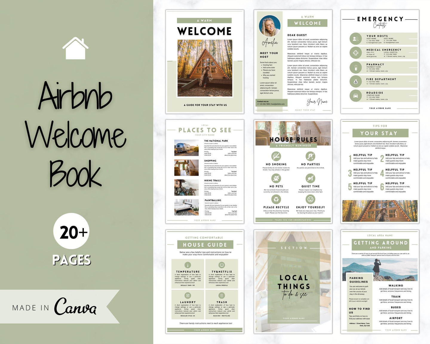 Welcome Book Template, Airbnb Welcome Guide, Editable Canva Air bnb House manual, Superhost eBook, Host signs, Signage, VRBO Vacation Rental | Green