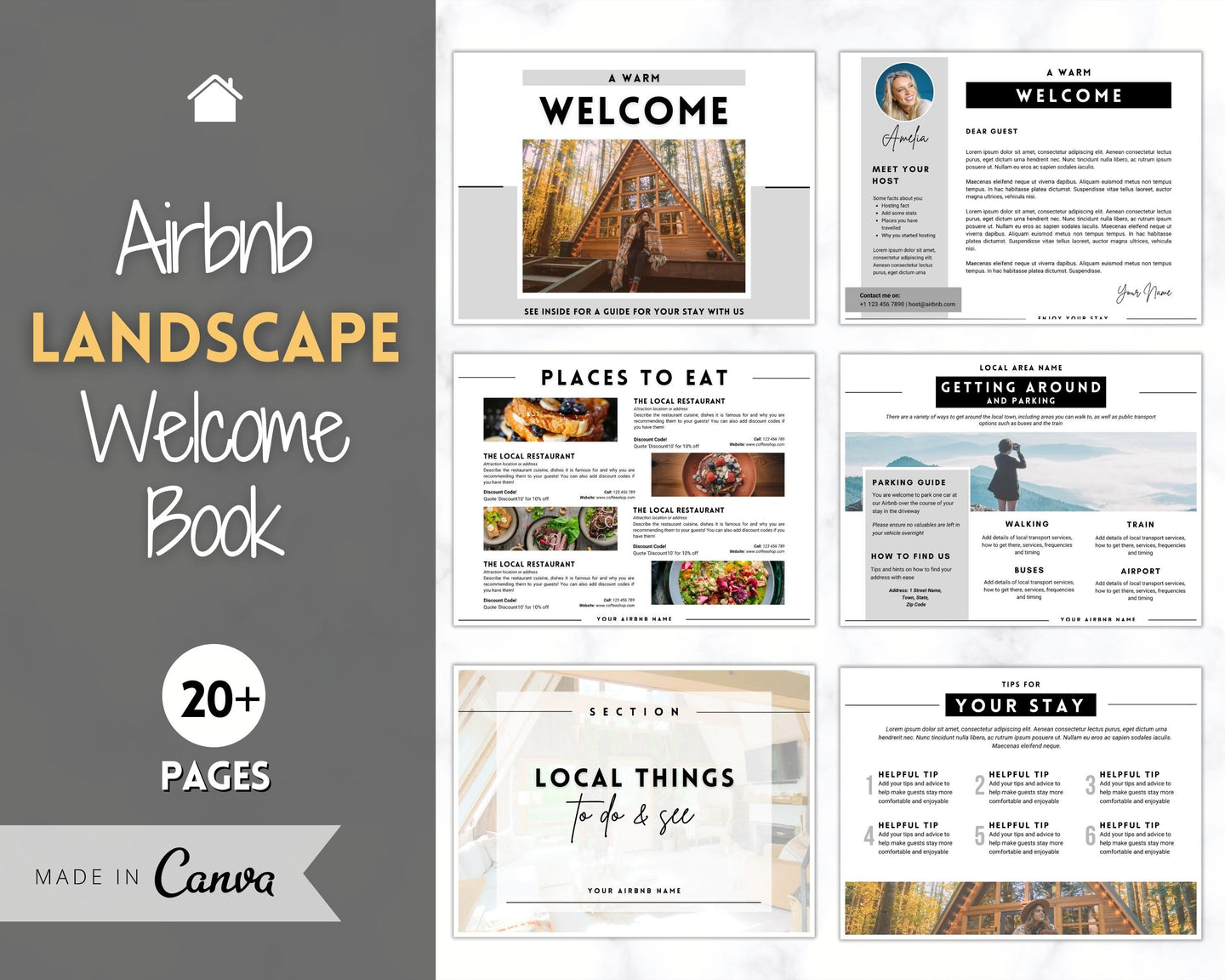 Welcome Book Template, Airbnb Welcome Guide, Editable Canva Air bnb House manual, Superhost eBook, Host signs, Signage, VRBO Vacation Rental | Landscape Mono