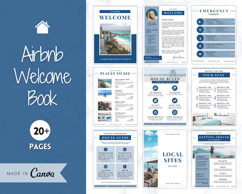 Welcome Book Template, Airbnb Welcome Guide, Editable Canva Air bnb House manual, Superhost eBook, Host signs, Signage, VRBO Vacation Rental | Navy Style 2