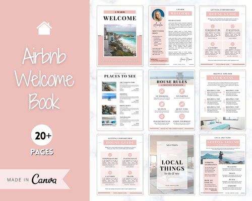 Welcome Book Template, Airbnb Welcome Guide, Editable Canva Air bnb House manual, Superhost eBook, Host signs, Signage, VRBO Vacation Rental | Pink