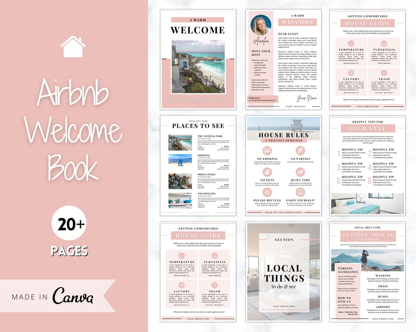Welcome Book Template, Airbnb Welcome Guide, Editable Canva Air bnb House manual, Superhost eBook, Host signs, Signage, VRBO Vacation Rental | Pink