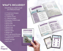 Load image into Gallery viewer, Welcome Book Template, Airbnb Welcome Guide, Editable Canva Air bnb House manual, Superhost eBook, Host signs, Signage, VRBO Vacation Rental | Purple
