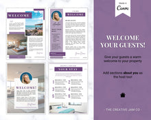 Load image into Gallery viewer, Welcome Book Template, Airbnb Welcome Guide, Editable Canva Air bnb House manual, Superhost eBook, Host signs, Signage, VRBO Vacation Rental | Purple
