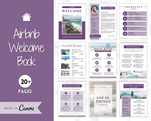 Welcome Book Template, Airbnb Welcome Guide, Editable Canva Air bnb House manual, Superhost eBook, Host signs, Signage, VRBO Vacation Rental | Purple