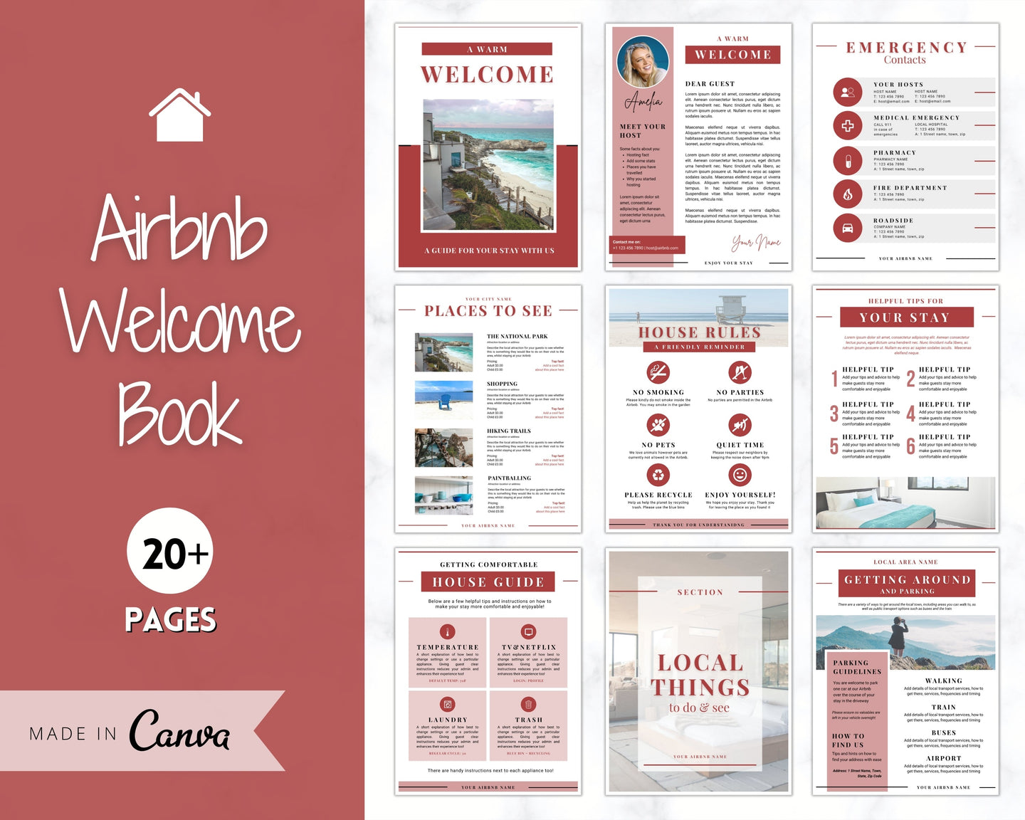 Welcome Book Template, Airbnb Welcome Guide, Editable Canva Air bnb House manual, Superhost eBook, Host signs, Signage, VRBO Vacation Rental | Red