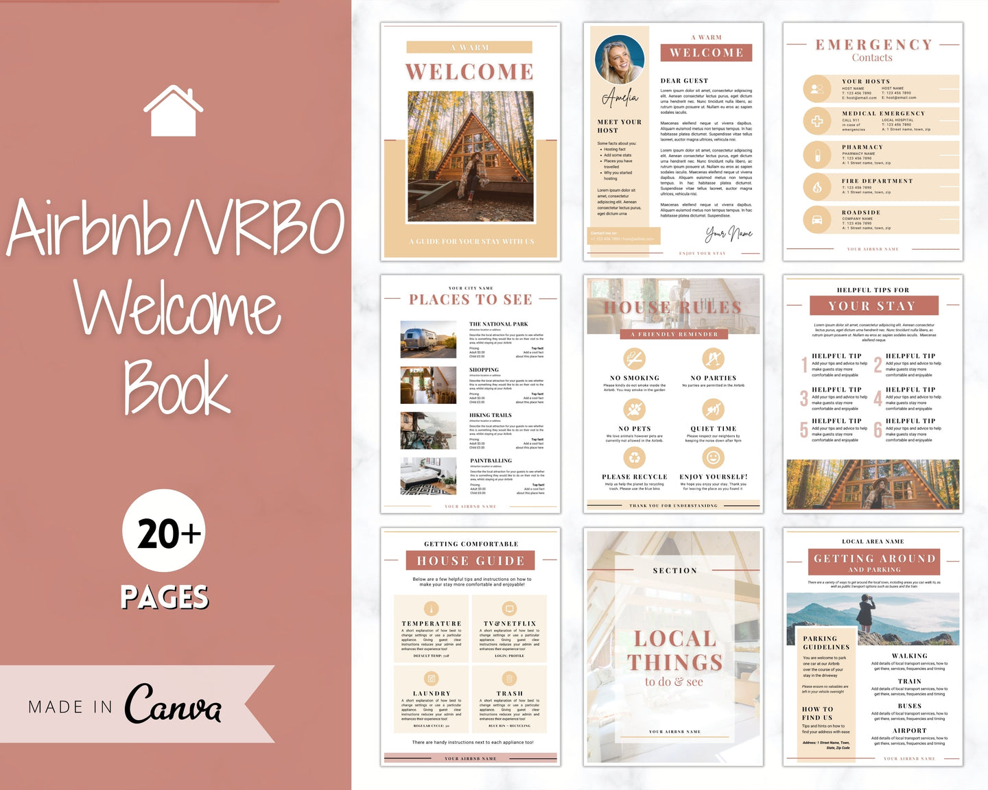 Welcome Book Template, Airbnb Welcome Guide, Editable Canva Air bnb House manual, Superhost eBook, Host signs, Signage, VRBO Vacation Rental | Yellow