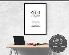 Load image into Gallery viewer, Wifi Password Sign, Editable Wifi Sign Printable Template, Be Our Guest Sign, Wi-fi password sign, Airbnb Guest Room, Wall Art, Decor, Wi Fi | Style 1
