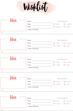 Load image into Gallery viewer, Wishlist Insert Printable Tracker Template. Christmas, birthday, holiday, shopping wish list. Gifts for me. Make a wish. Giftlist PDF. A5
