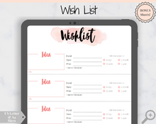 Load image into Gallery viewer, Wishlist Insert Printable Tracker Template. Christmas, birthday, holiday, shopping wish list. Gifts for me. Make a wish. Giftlist PDF. A5
