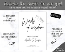 Load image into Gallery viewer, Words of Wisdom Graduation Party Sign, Editable Template, Graduate Advice Poster, College, High School Grad Sign, Class of 2022 Wishes | Brit Mono
