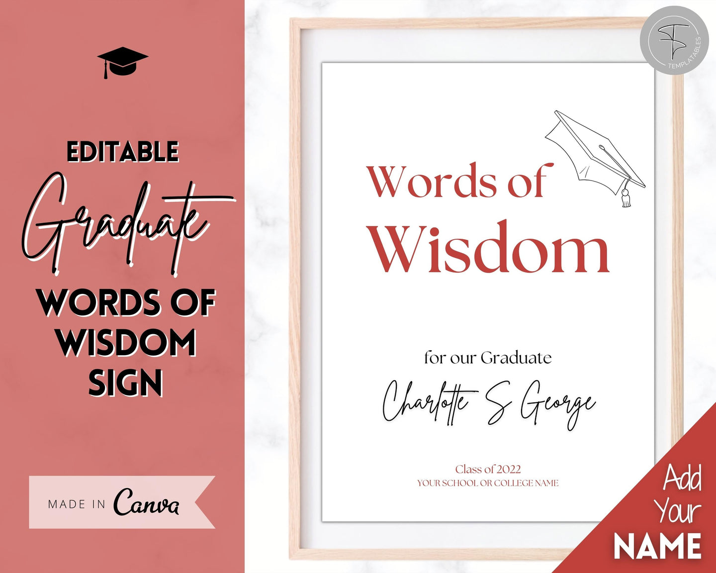 Words of Wisdom Graduation Party Sign, Editable Template, Graduate Advice Poster, College, High School Grad Sign, Class of 2022 Wishes | Red