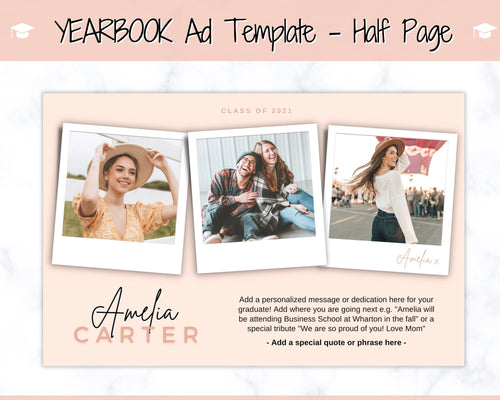 Yearbook AD Template, Senior & High School Graduation, Grad Announcement, School Yearbook, HALF Page, Photo Card, Yearbook Ad, Grad Tribute | Style 3