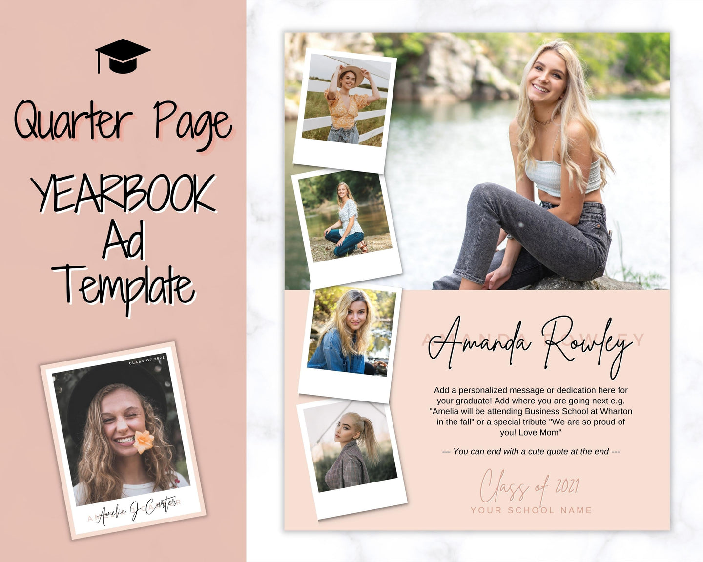 Yearbook AD Template, Senior & High School Graduation, Grad Announcement, School Yearbook, QUARTER Page, Photo Card, Yearbook Ad, Tribute | Post Vertical