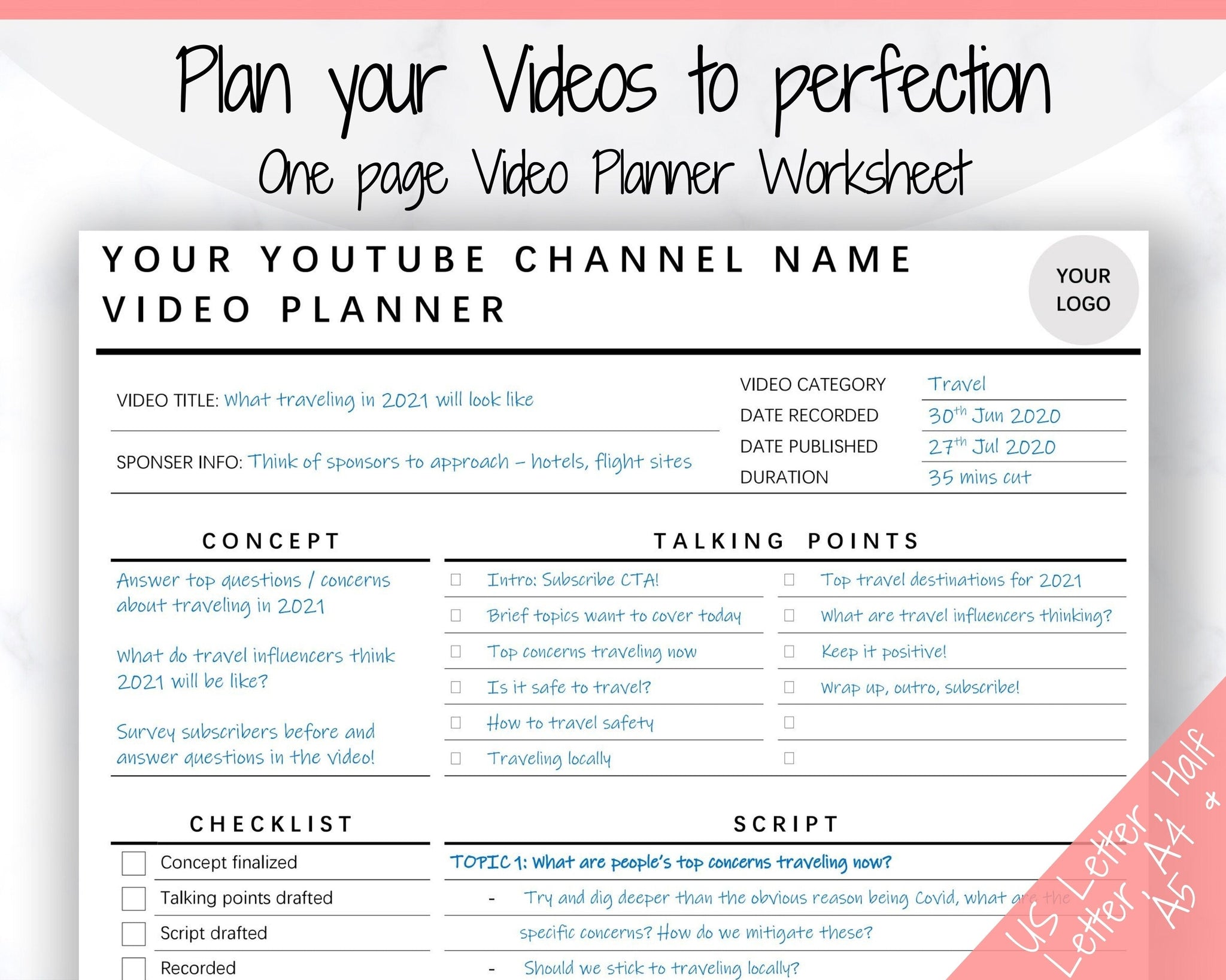 Youtube Planner Video Planner Templates for Content Creators